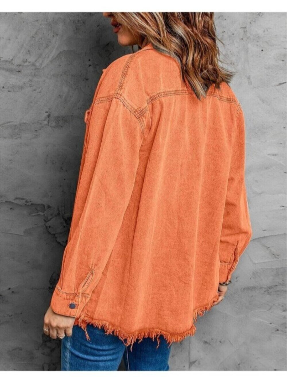 〽️Women Orange Drop Shoulder Button Up Oversized Frayed Raw Hem Denim Jean Jacke - Picture 2 of 6